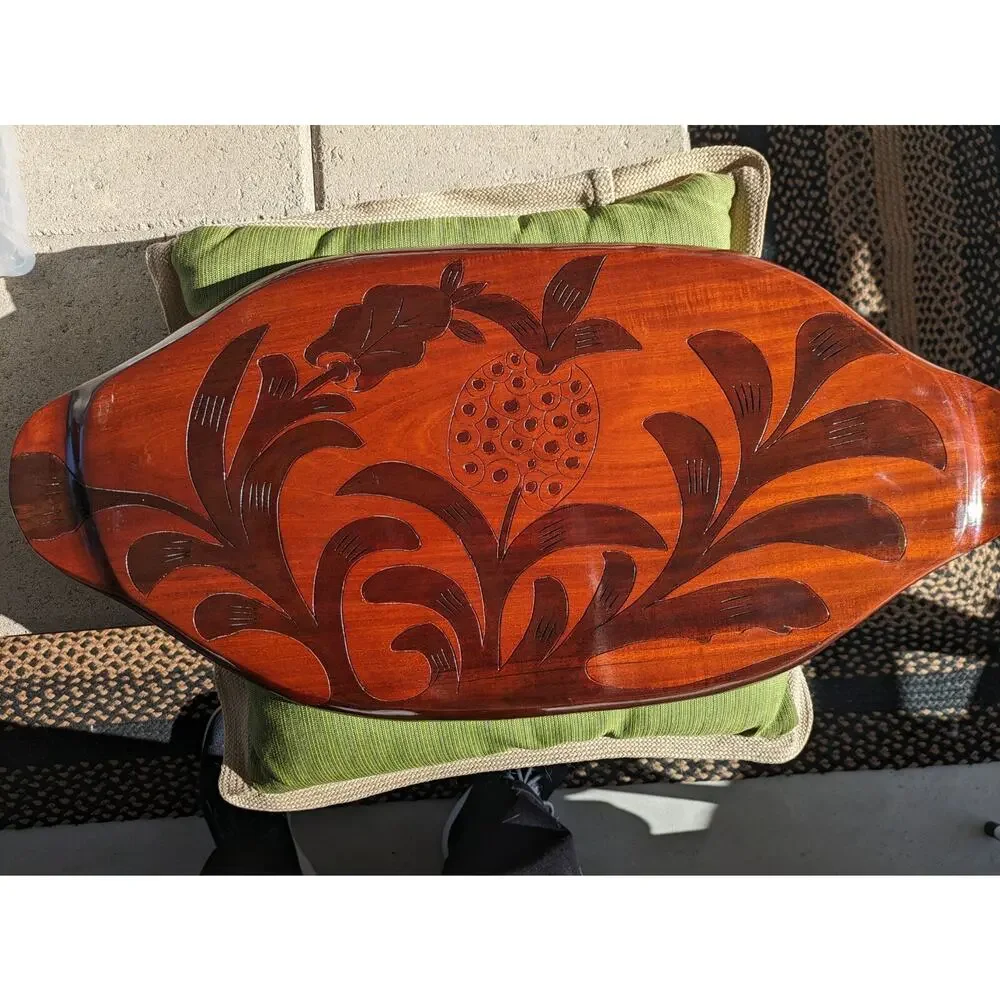 Vtg. Handcarved Wrap Around Serving Tray Island Pineapple Floral Mahogany EUC